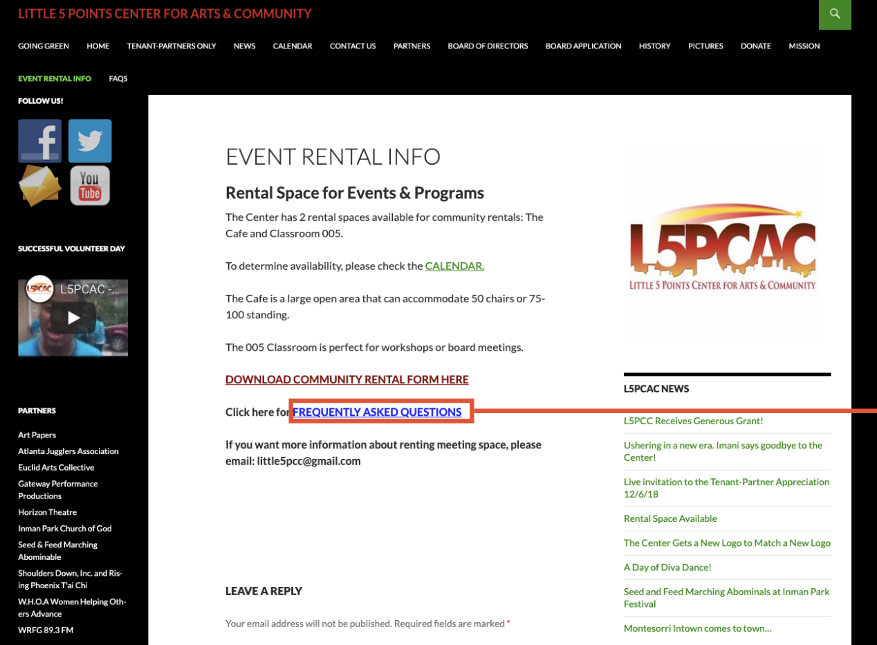 Clicking on frequently asked questions on the event rental page